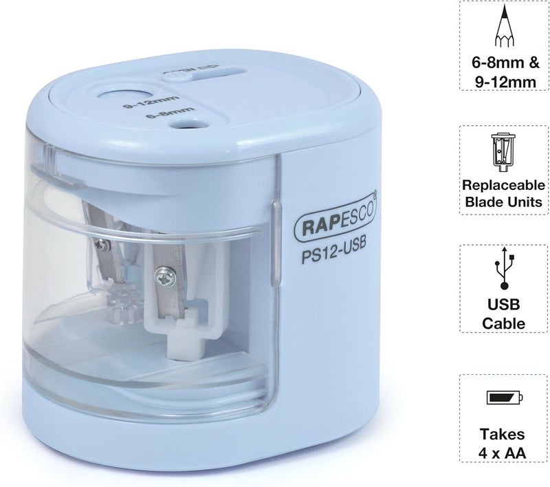 RAPESCO 1447 Automatic Electric USB/Battery Pencil Sharpener, Power Blue - Image 2