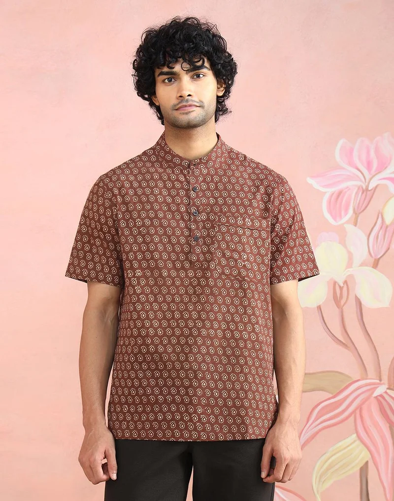 فاب انديا Maroon-Beige Cotton Hand Block Printed Mid Placket Shirt