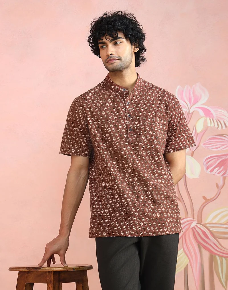 فاب انديا Maroon-Beige Cotton Hand Block Printed Mid Placket Shirt