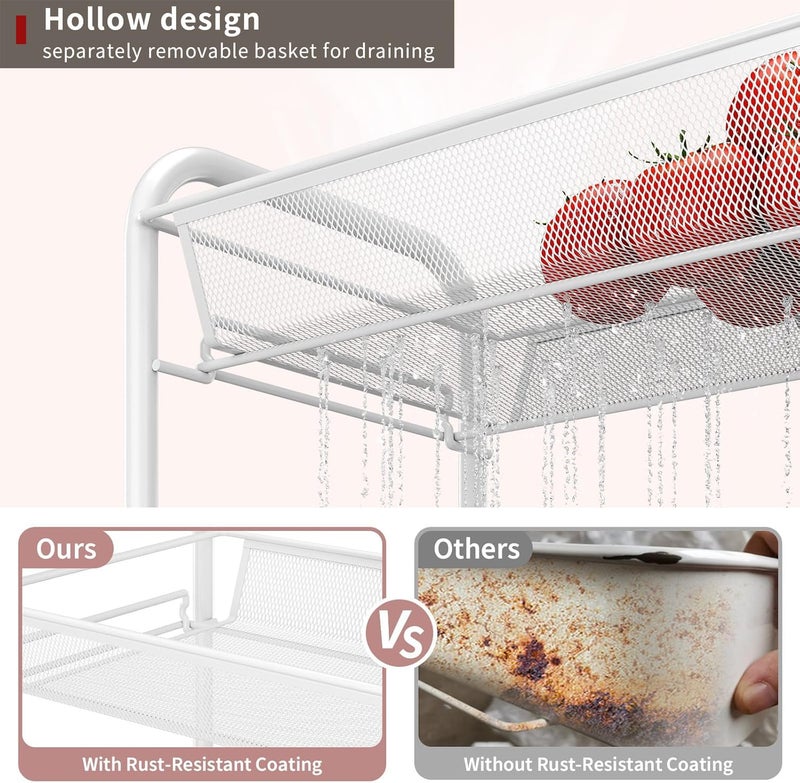 LiveCool Mesh Vegetable Stand Steel 3 Tier Onion Potato Rack for Storage Metal Kitchen Trolley with Wheels Trolley Rack for Kitchen Living Room Bedroom White KT02W3 - Image 4