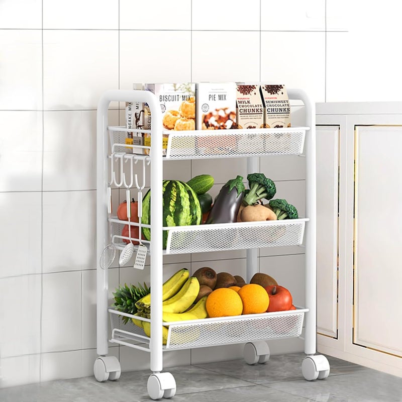LiveCool Mesh Vegetable Stand Steel 3 Tier Onion Potato Rack for Storage Metal Kitchen Trolley with Wheels Trolley Rack for Kitchen Living Room Bedroom White KT02W3 - Image 1