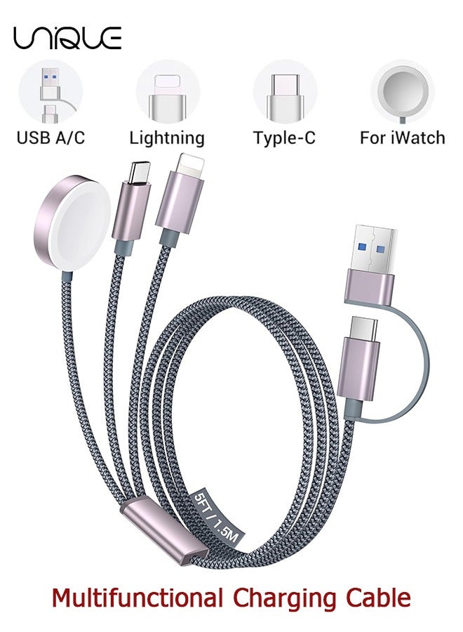 يونيك كابل شحن 1.5 متر - ترقية 3 في 2 USB C كابلات شحن مضفرة - كابلات شحن سريع للسفر مع منافذ USB C / Lightning - كابل شحن الساعة - كابل شحن متعدد الوظائف - لسلسلة iPhone 16 / Samsung / MacBook / Google / Android / كابل شاحن هاتف الكمبيوتر المحمول (رمادي) - Image 1