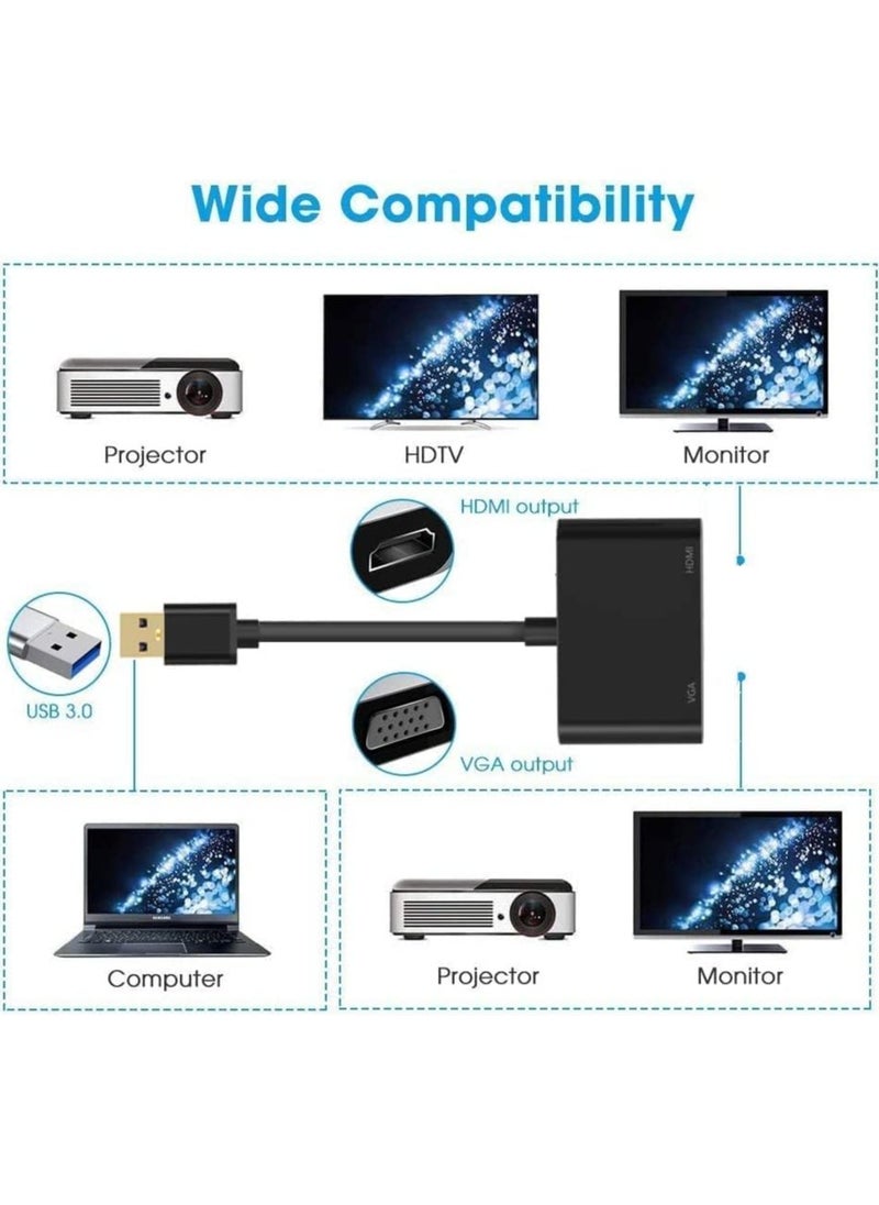 USB 3.0 to HDMI VGA Adapter,USB to 3.5mm Audio ,USB to VGA HDMI Adapter Converter Supports HDMI VGA Sync Output 1080p Compatible with Windows 7/8/8.1/10 Monitor Display Video Adapter Converter