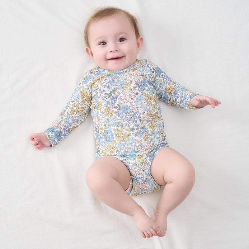 pureborn Baby Girls Viscose From Bamboo Bodysuit Long Sleeve Romper One-Piece Outfit Blue Floral 18-24 Months - Image 2