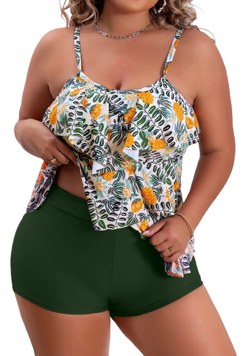 B2prity Women Plus Size Tankini Swimsuits Tummy Control Two Piece Bathing Suit Ruffled Flounce Swimwear with Shorts Flowers - Image 1