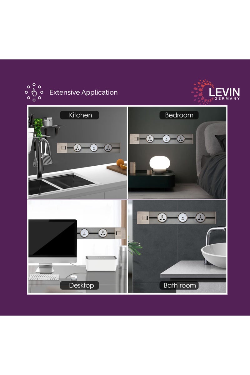 Levin Germany 50cm Power Track Rail | 2 Universal Sockets with USB-A & USB-C | 8000W Heavy Load | Grey Aluminum | IP20 Surface & Concealed Mount | 3-Year Warranty - Image 5