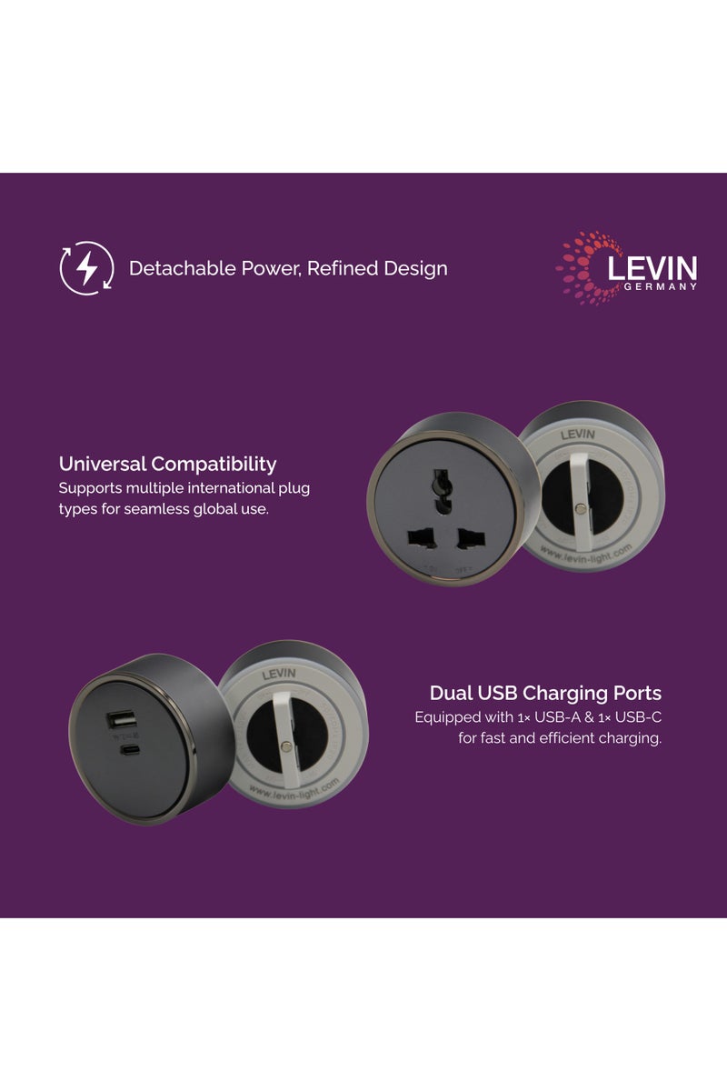 Levin Germany 50cm Power Track Rail | 2 Universal Sockets with USB-A & USB-C | 8000W Heavy Load | Grey Aluminum | IP20 Surface & Concealed Mount | 3-Year Warranty - Image 3