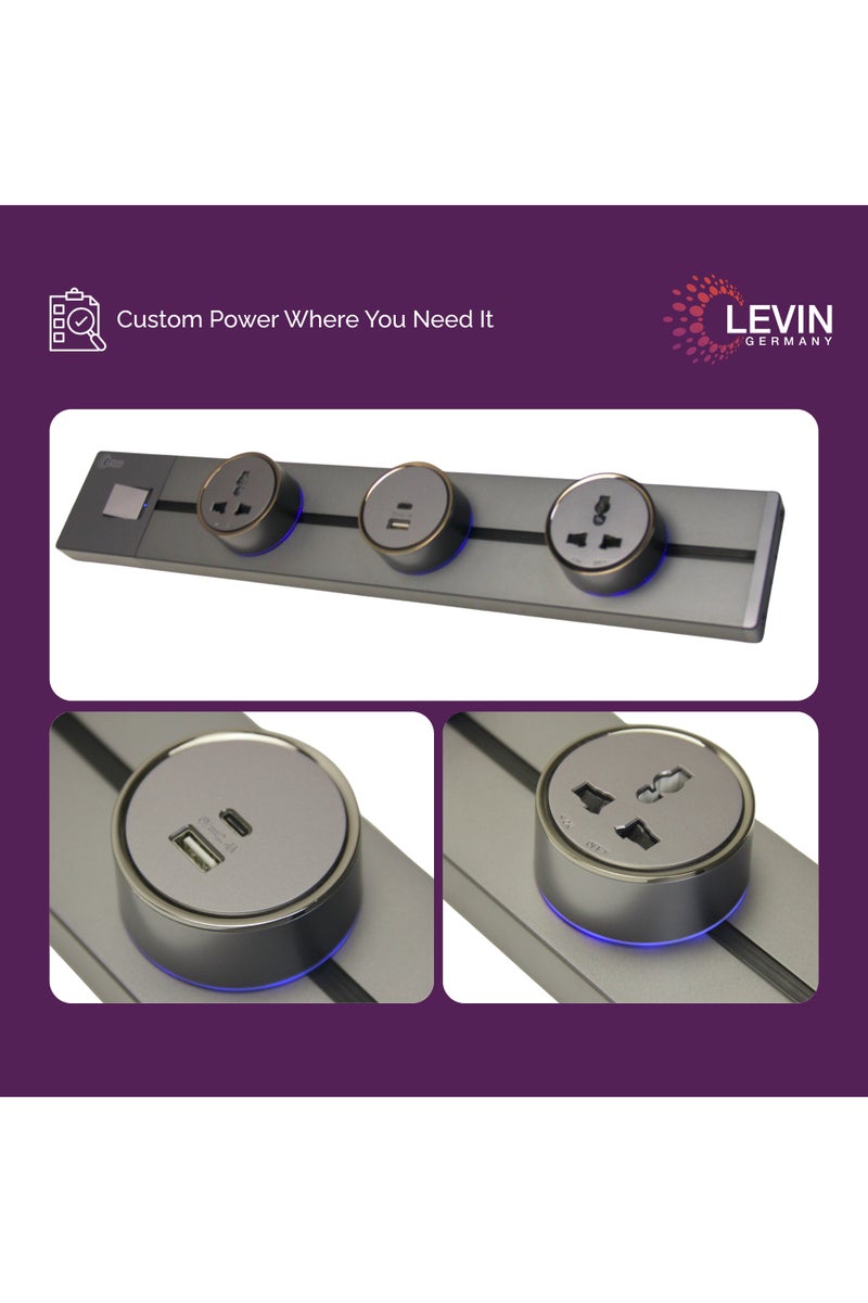 Levin Germany 50cm Power Track Rail | 2 Universal Sockets with USB-A & USB-C | 8000W Heavy Load | Grey Aluminum | IP20 Surface & Concealed Mount | 3-Year Warranty - Image 2