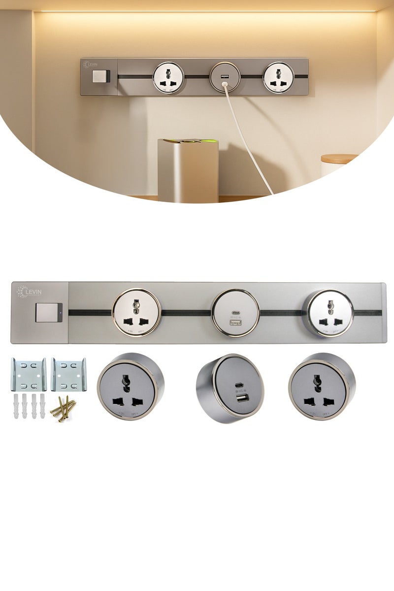 Levin Germany 50cm Power Track Rail | 2 Universal Sockets with USB-A & USB-C | 8000W Heavy Load | Grey Aluminum | IP20 Surface & Concealed Mount | 3-Year Warranty - Image 1