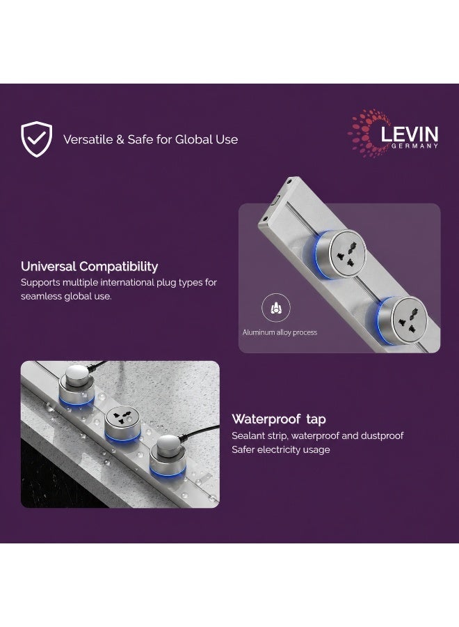 Levin Germany مسار طاقة 50 سم من ليفين ألمانيا | مقبسان عالميان مع منافذ USB-A و USB-C | قدرة تحميل 8000 واط | ألومنيوم رمادي | تركيب سطحي أو مخفي IP20 | ضمان 3 سنوات - Image 3