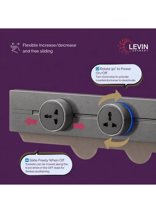 Levin Germany مسار طاقة 50 سم من ليفين ألمانيا | مقبسان عالميان مع منافذ USB-A و USB-C | قدرة تحميل 8000 واط | ألومنيوم رمادي | تركيب سطحي أو مخفي IP20 | ضمان 3 سنوات - Image 5