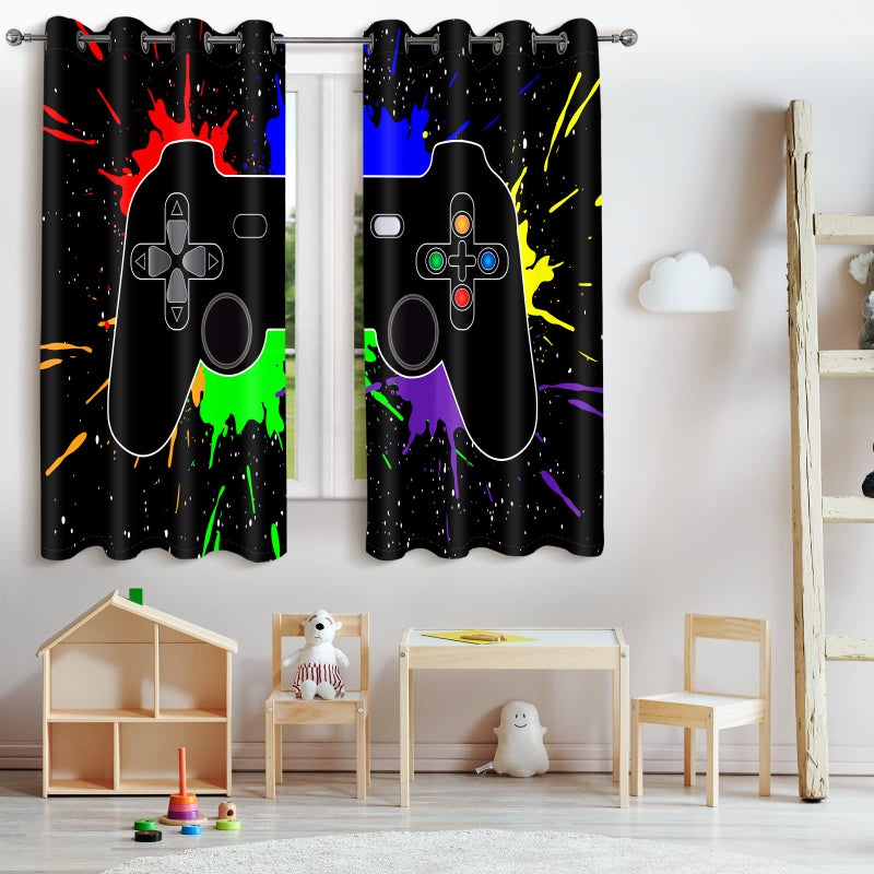 Jekeno Game Controller Blackout Curtains for Kids Boys Teens Bedroom Colorful Video Game Gamer Gaming Gamepad Decor for Home Living Room Grommet Window Drapes 2 Panel Set  52""x63"" - Image 2