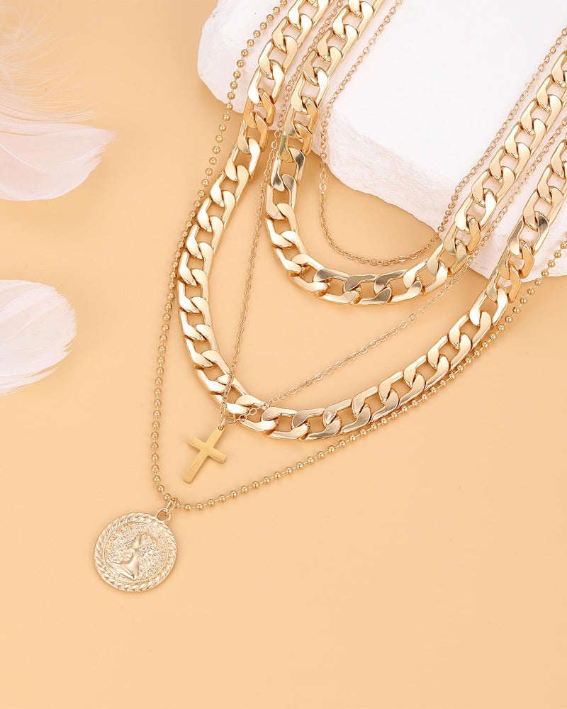 MJartoria Gold Layered Necklaces for Women Trendy Retro Coin Pendant Necklace Dainty Chunky Chain Choker Necklaces for Jewelry Birthday Gifts (Gold, A-Y-Retro Coin-Cross-5 in 1 Layered) - Image 4
