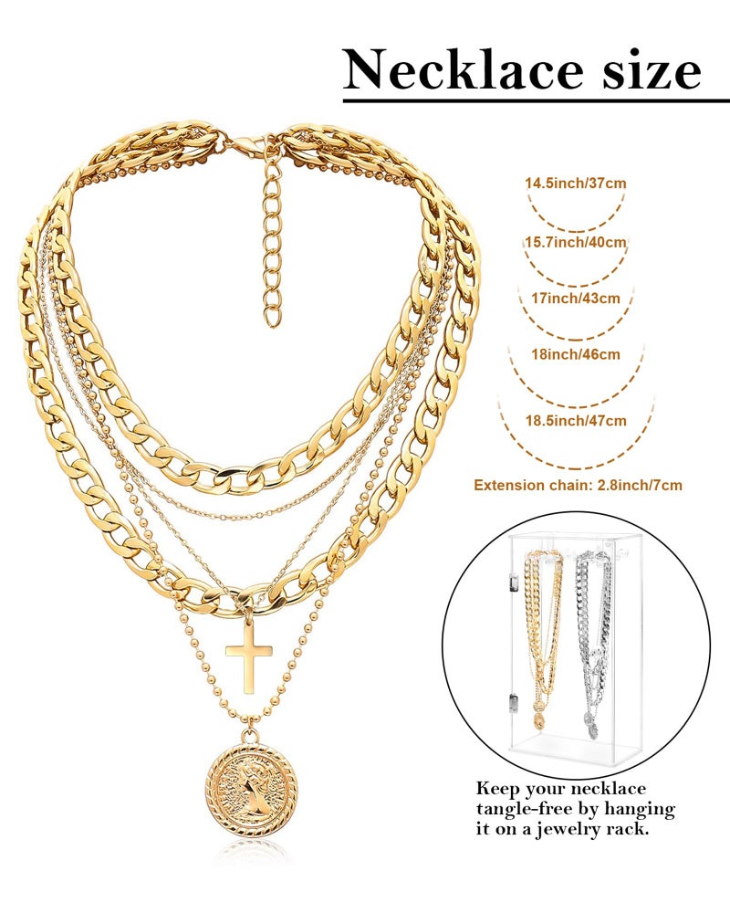 MJartoria Gold Layered Necklaces for Women Trendy Retro Coin Pendant Necklace Dainty Chunky Chain Choker Necklaces for Jewelry Birthday Gifts (Gold, A-Y-Retro Coin-Cross-5 in 1 Layered) - Image 5