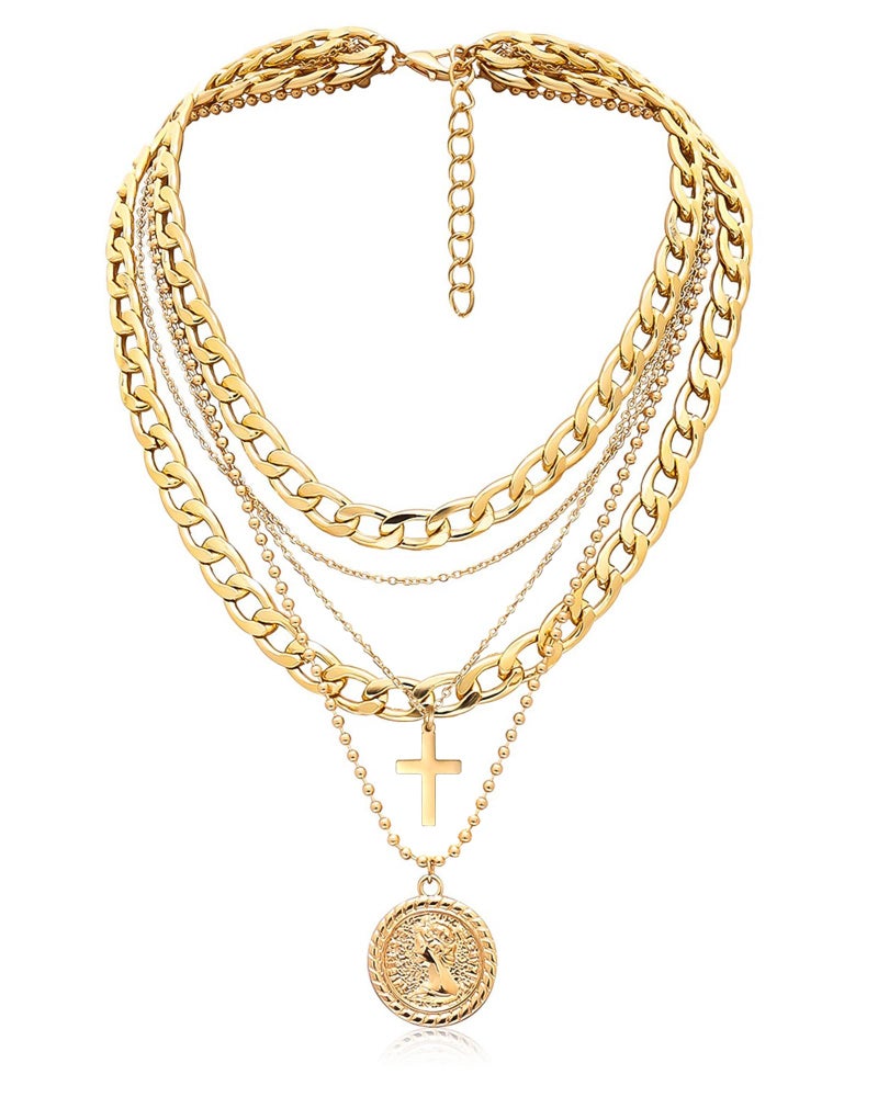 MJartoria Gold Layered Necklaces for Women Trendy Retro Coin Pendant Necklace Dainty Chunky Chain Choker Necklaces for Jewelry Birthday Gifts (Gold, A-Y-Retro Coin-Cross-5 in 1 Layered) - Image 1