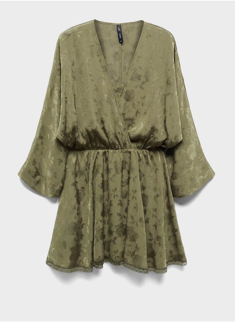 MANGO - Floral Print Flared Sleeves Surplice Neck Dress - Image 1