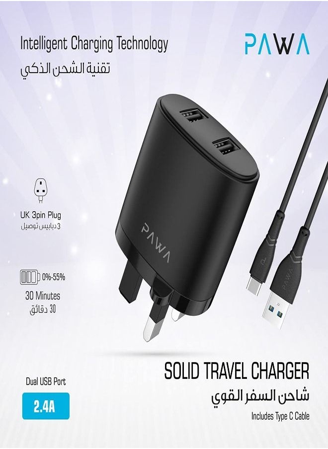 Pawa - Auto-ID Wall Charger 2.4A UK with Type-C Cable / Portable & Elegant / Secure and Saturated / wide compatibility / Fast Charger - Black - Image 1