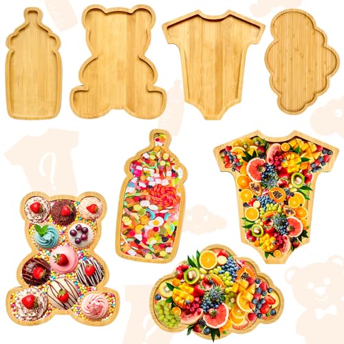 Barri Design Baby Shower Charcuterie Board Platters 4Pcs Gender Reveal Food Plates Baby Shower Food Display Fruit Tray Platter Wooden Bear Birthday Party Decorations Fillable Serving Boards for Snacks - Image 1