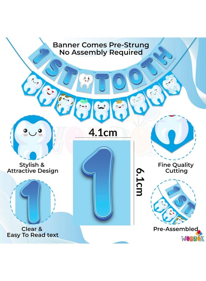 Wobbox 1st Cartoon Tooth Bunting Banner, Blue Colour Gredient with Stylish Font, First Tooth Decoartion, Happy Birthday Decoration - Image 2