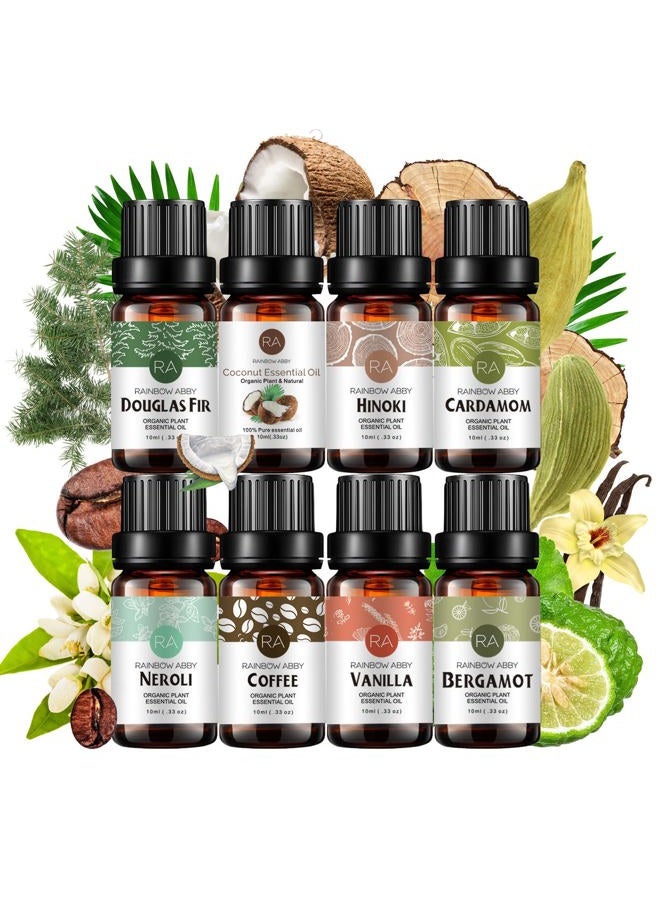 Rainbow Abby 8 Pack Essential Oil Set - 100% Pure Premium Grade Aromatherapy Oil (Hinoki, Cardamom, Douglas Fir, Coconut, Vanilla, Bergamot, Coffee, Neroli) - 8 x 10ml - Image 1