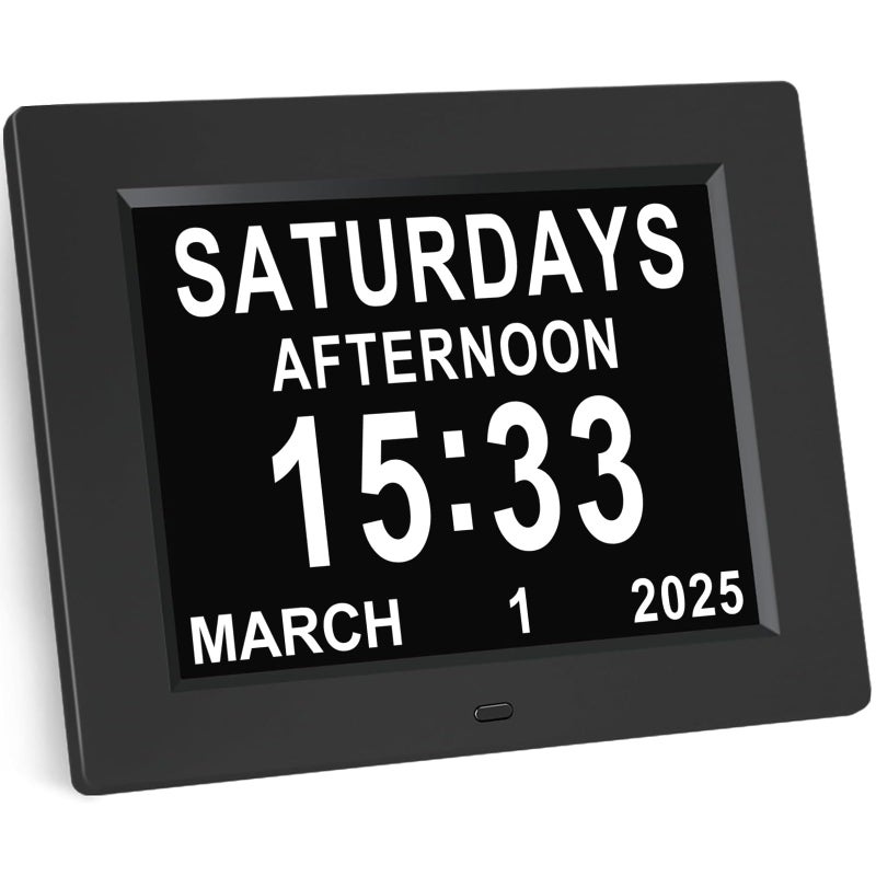 KASTISS 8 Inch Digital Calendar Alarm Day Clock Large Digital Clock EasytoRead Impaired Vision People 12 Customizable Alarms Dementia Alzheimers Elderly Care BedroomKitchen Black