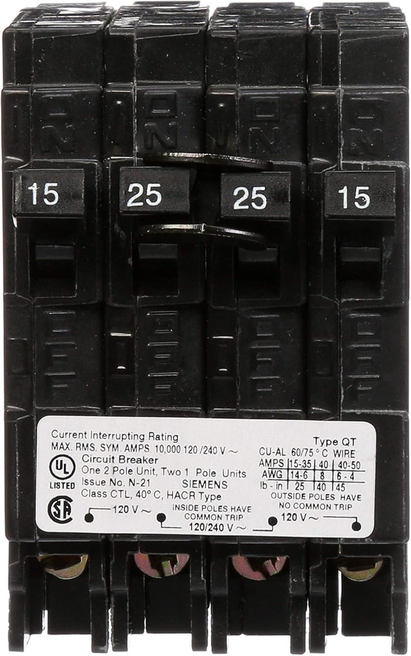 Siemens 25 Amp DoublePole and 2 15 Amp SinglePole Type QT Triplex Circuit Breaker - Image 2