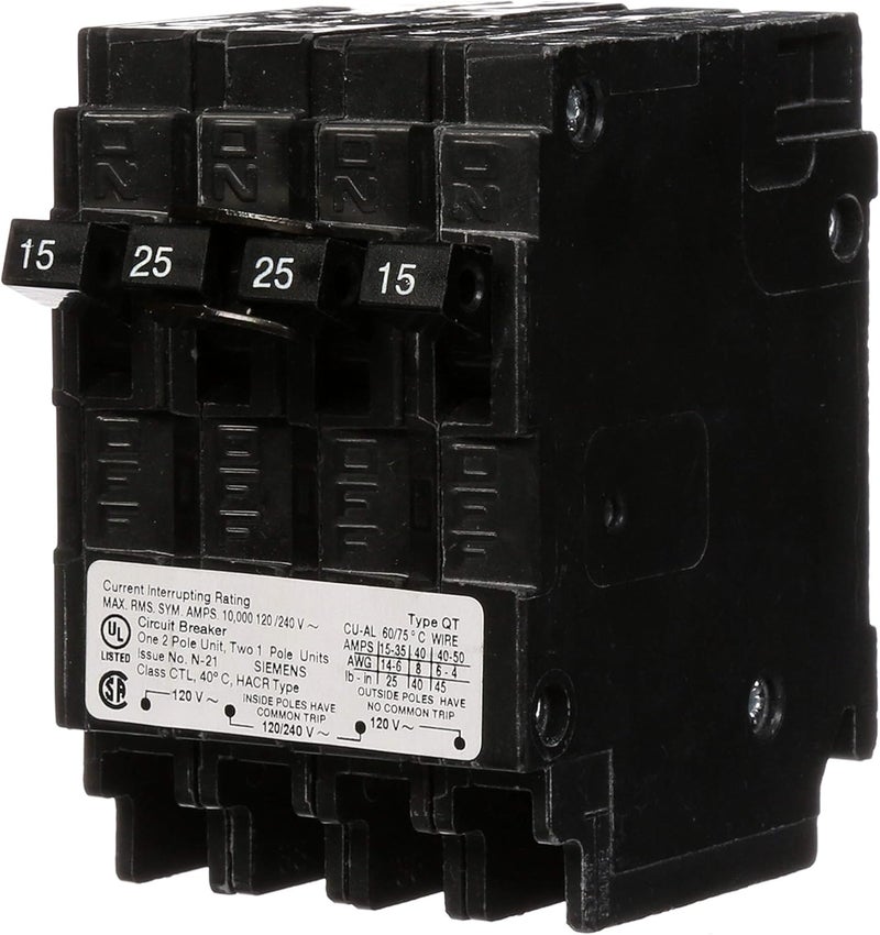 Siemens 25 Amp DoublePole and 2 15 Amp SinglePole Type QT Triplex Circuit Breaker - Image 1