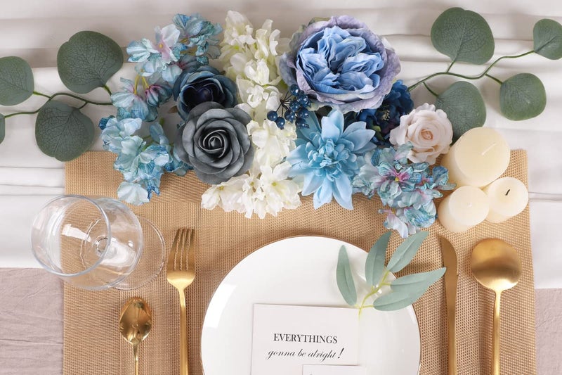 Floweroyal Artificial Flowers Combo Dusty Blue Flowers Mix Silk Flowers Dahlia Roses with Stems for DIY Wedding Bridal Bouquets, Baby Shower, Floral Arrangement, Table Centerpieces, Home Decorations. - Image 3