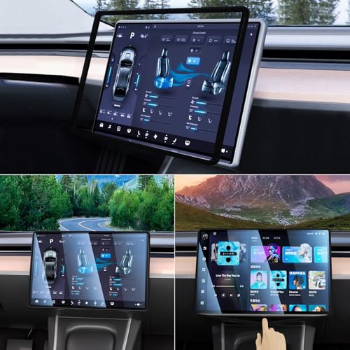 TSTESE 2PCS Protector Trim Frame Compatible with Tesla Model 3 Y 2020-2024 2025 2026 Screen Edge Frame Rearview Mirror Cover Interior Decorations Center Console Decor Highland Juniper Accessories Set (Black) - Image 3