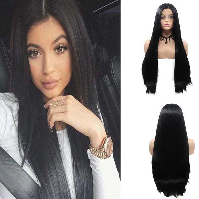 Sylvia 20 Synthetic Wigs Black Silky Straight Lace front Wigs 1B Long Soft Glueless Natural Straight Half Hand Tied Wig 180 Density Heat Resistant Hair Replacement Wig for Women