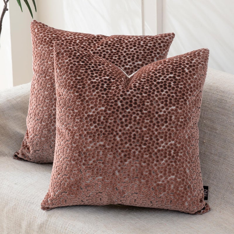 FIFU 2-Pack 18x18 Inch Decorative Throw Pillow Covers - Jacquard Velvet Front with Linen-Look Back, Invisible Zipper, Machine Washable Cushion Shells for Living Room, Bedroom & Home Sofa, Dusty Rose - Image 1