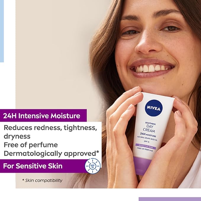 Nivea NIVEA Sensitive Day Cream 50 ml Face Cream and Moisturiser with SPF 15 for Sensitive Skin Summer Skin Care Essentials Sensitive Moisturising Cream - Image 4
