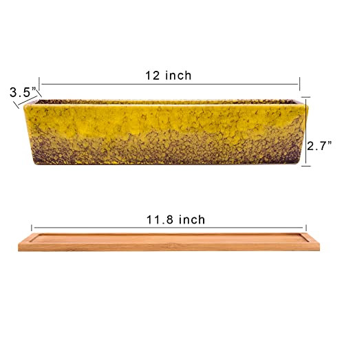 ARTKETTY Succulent Pots - Large Succulent Planter Pots with Drainage, 12 Inch Long Rectangle Bonsai Pot with Bamboo Tray Shallow Ceramic Cactus Flower Planter Window Box for Home Garden Decor (Yellow) - Image 3
