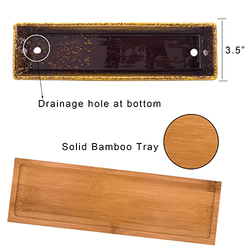ARTKETTY Succulent Pots - Large Succulent Planter Pots with Drainage, 12 Inch Long Rectangle Bonsai Pot with Bamboo Tray Shallow Ceramic Cactus Flower Planter Window Box for Home Garden Decor (Yellow) - Image 4