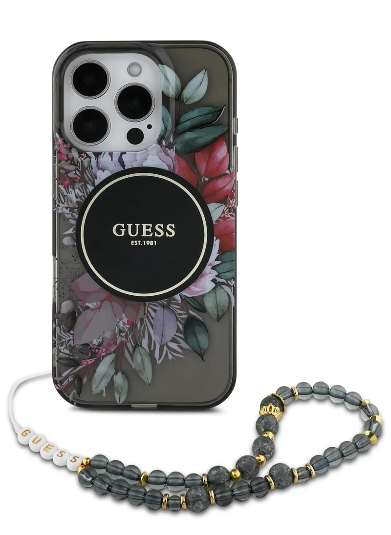 GUESS iPhone 16 Pro Max MagSafe Case IML Hard Cover with Flower Design & Pearl Strap for / Shock Absorption/ Slim and Lightweight Design/ Anti-Slip Texture - Black