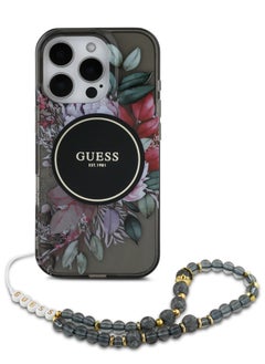 GUESS iPhone 16 Pro Max MagSafe Case IML Hard Cover with Flower Design & Pearl Strap for / Shock Absorption/ Slim and Lightweight Design/ Anti-Slip Texture - Black  - Image 1