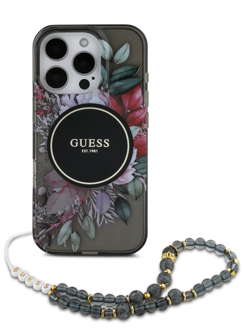 GUESS iPhone 16 Pro Max MagSafe Case IML Hard Cover with Flower Design & Pearl Strap for / Shock Absorption/ Slim and Lightweight Design/ Anti-Slip Texture - Black - Image 1