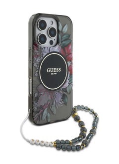 GUESS iPhone 16 Pro Max MagSafe Case IML Hard Cover with Flower Design & Pearl Strap for / Shock Absorption/ Slim and Lightweight Design/ Anti-Slip Texture - Black  - Image 3