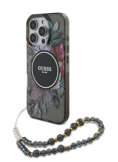 GUESS iPhone 16 Pro Max MagSafe Case IML Hard Cover with Flower Design & Pearl Strap for / Shock Absorption/ Slim and Lightweight Design/ Anti-Slip Texture - Black  - Image 5