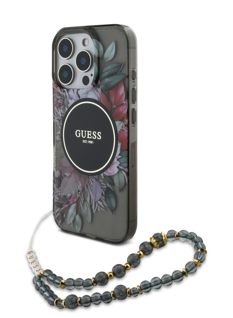GUESS iPhone 16 Pro Max MagSafe Case IML Hard Cover with Flower Design & Pearl Strap for / Shock Absorption/ Slim and Lightweight Design/ Anti-Slip Texture - Black - Image 5