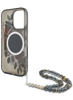 GUESS iPhone 16 Pro Max MagSafe Case IML Hard Cover with Flower Design & Pearl Strap for / Shock Absorption/ Slim and Lightweight Design/ Anti-Slip Texture - Black  - Image 4