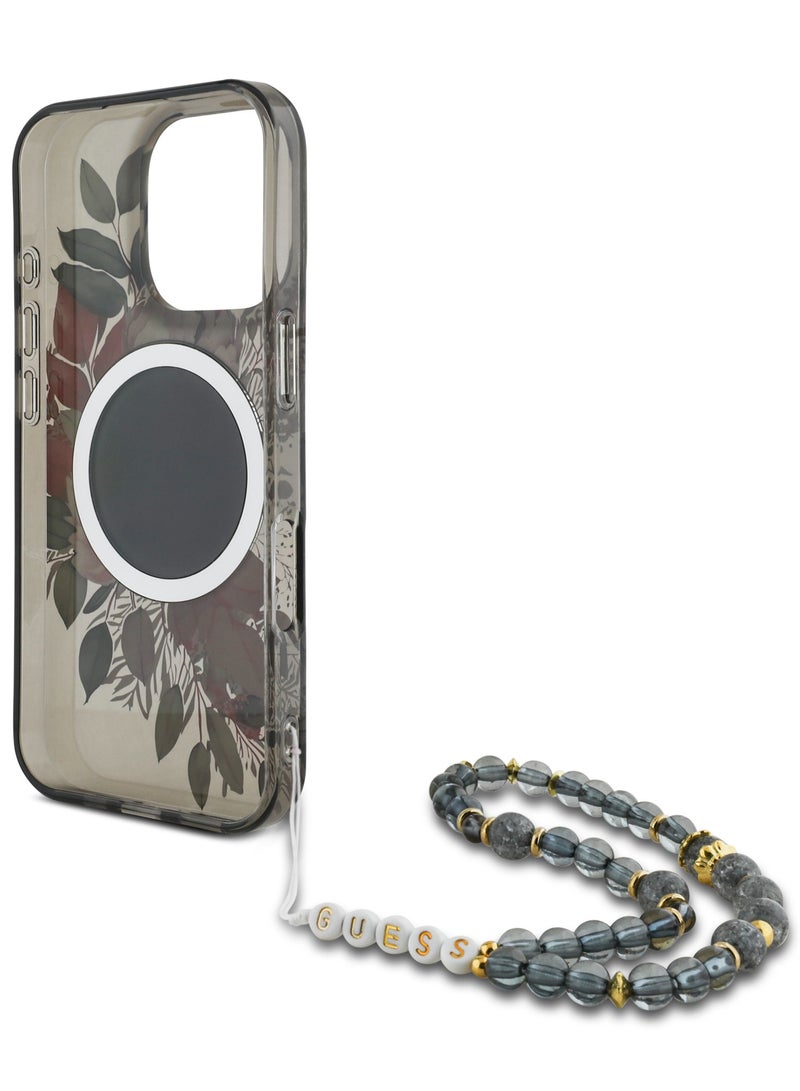 GUESS iPhone 16 Pro Max MagSafe Case IML Hard Cover with Flower Design & Pearl Strap for / Shock Absorption/ Slim and Lightweight Design/ Anti-Slip Texture - Black - Image 4