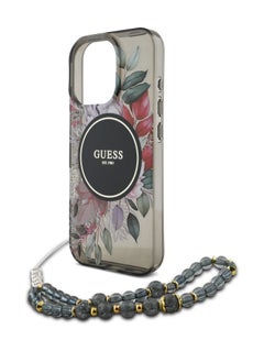 GUESS iPhone 16 Pro Max MagSafe Case IML Hard Cover with Flower Design & Pearl Strap for / Shock Absorption/ Slim and Lightweight Design/ Anti-Slip Texture - Black  - Image 2