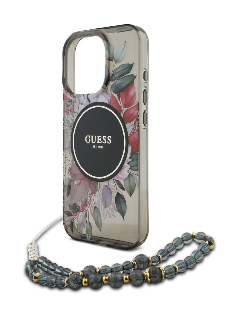 GUESS iPhone 16 Pro Max MagSafe Case IML Hard Cover with Flower Design & Pearl Strap for / Shock Absorption/ Slim and Lightweight Design/ Anti-Slip Texture - Black - Image 2