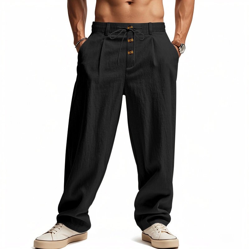 Men's Mid-Rise Linen Blend Casual Straight Leg Pants with Button Decor, Breathable, Wrinkle-Free, Drawstring Closure, Solid Color, Lightweight, for Spring Summer All Seasons