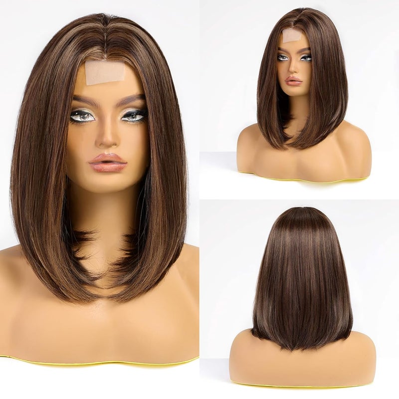 باروكة قصيرة للنساء من HAIRCUBE باروكة بوب بنية بطول الكتف باروكة صناعية مقاومة للحرارة للاستخدام اليومي والحفلات بطول 16 بوصة بني مختلط بالشعر الأشقر