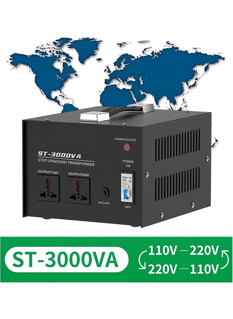 Apustim 3000W Voltage Conversion Transformer，110V/120V/220V/240V Step-Up/Step-Down Transformer Converter with Resettable Circuit Breaker Protection，Universal Socket，Compact Household Design - Image 1