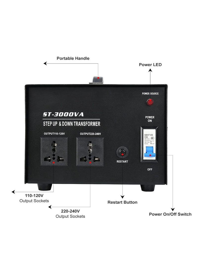 Apustim 3000W Voltage Conversion Transformer，110V/120V/220V/240V Step-Up/Step-Down Transformer Converter with Resettable Circuit Breaker Protection，Universal Socket，Compact Household Design - Image 2