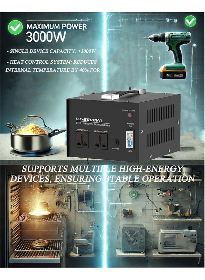 Apustim 3000W Voltage Conversion Transformer，110V/120V/220V/240V Step-Up/Step-Down Transformer Converter with Resettable Circuit Breaker Protection，Universal Socket，Compact Household Design - Image 3