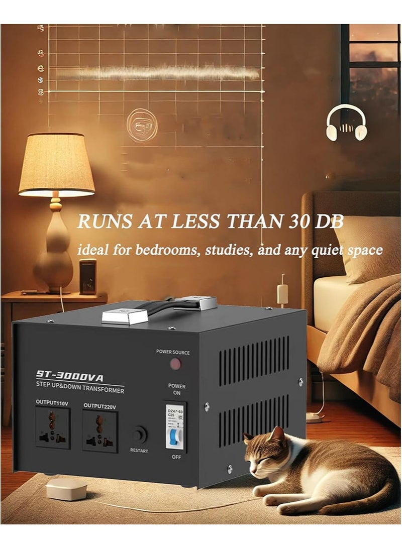 Apustim 3000W Voltage Conversion Transformer，110V/120V/220V/240V Step-Up/Step-Down Transformer Converter with Resettable Circuit Breaker Protection，Universal Socket，Compact Household Design - Image 5